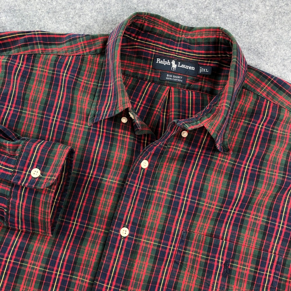 Ralph Lauren BIG SHIRT Men Button Up XL Red Green Multi Long Sleeve Thick Cotton
